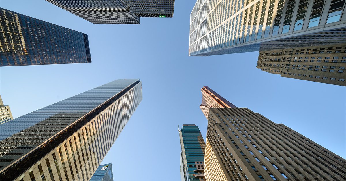 Looking up at office towers in a financial district