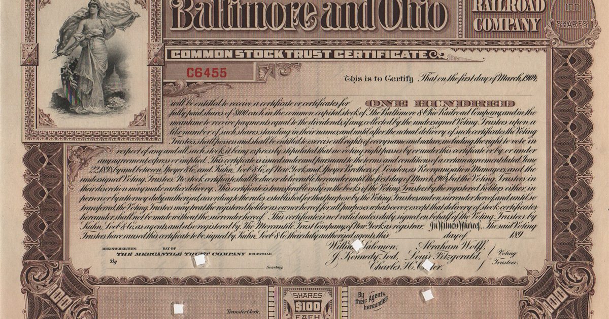 An ornate railroad company stock certificate from 1904