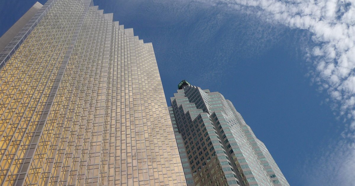 Royal Bank Plaza and the TD Canada Trust Tower in Toronto's financial district, seen from street level
