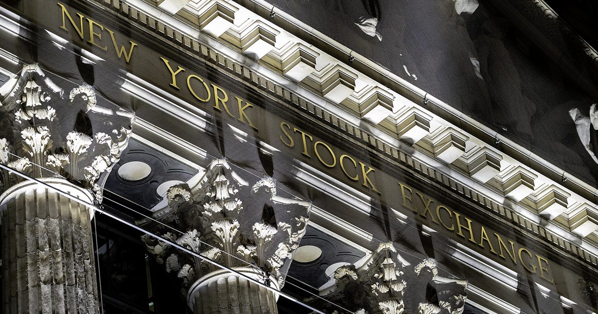 The carved New York Stock Exchange name on the building's Broad Street facade