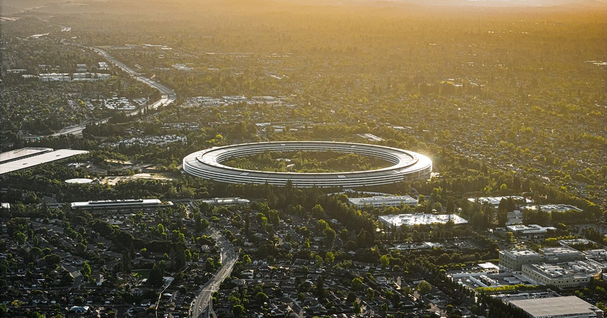 Aerial view of Apple Park, Apple's ring-shaped headquarters in Cupertino, California