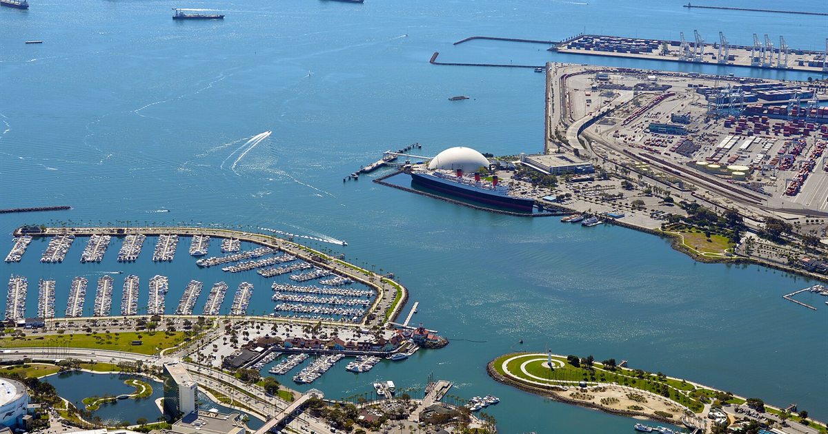 Aerial view of the Port of Long Beach in California with container terminals and a marina