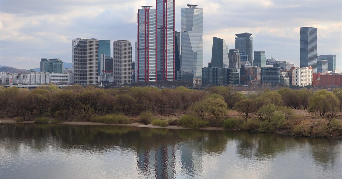 The Yeouido financial district skyline in Seoul, home of the Korea Exchange, seen across the Han River