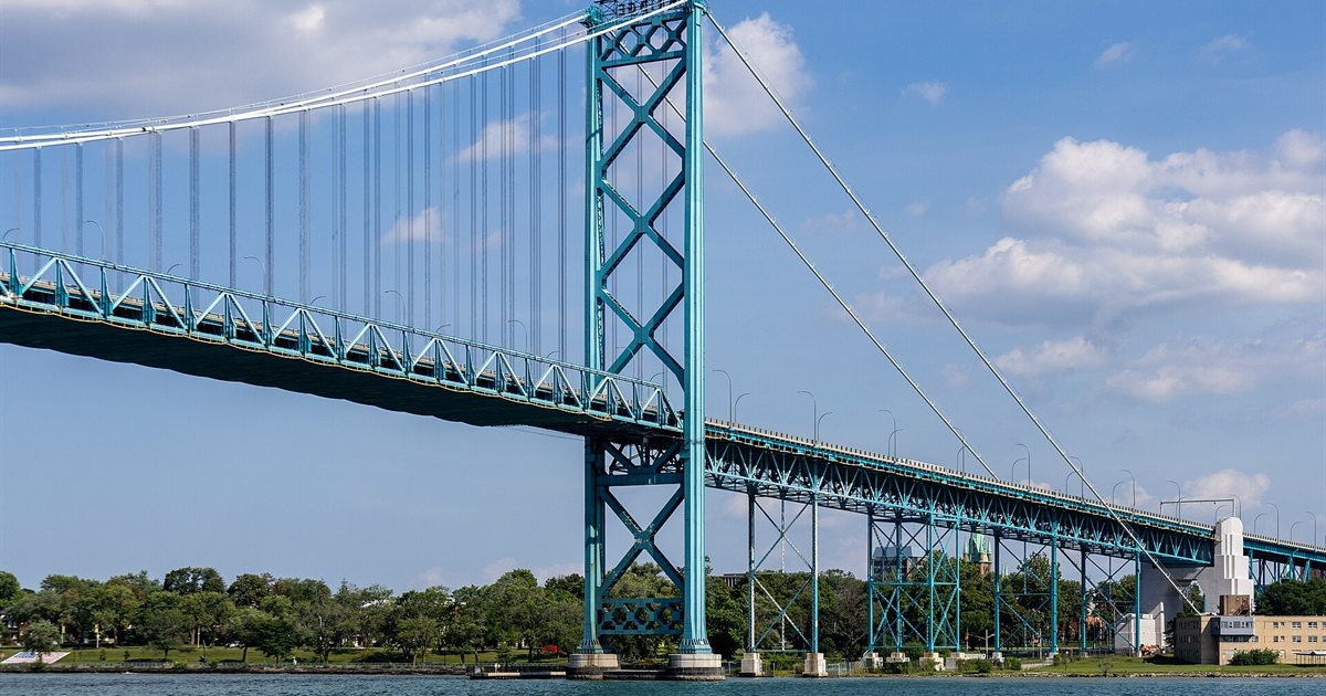 The Ambassador Bridge spanning the Detroit River between Windsor, Ontario and Detroit, Michigan