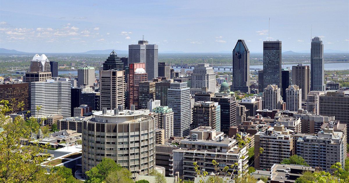 The downtown Montreal skyline seen from Mount Royal on a clear day