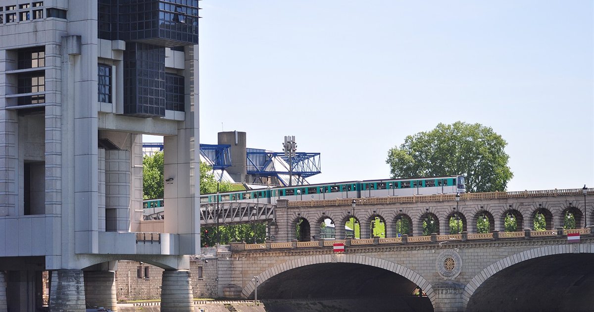 The French Ministry of Economy and Finance building at Bercy in Paris, beside the Pont de Bercy bridge over the Seine