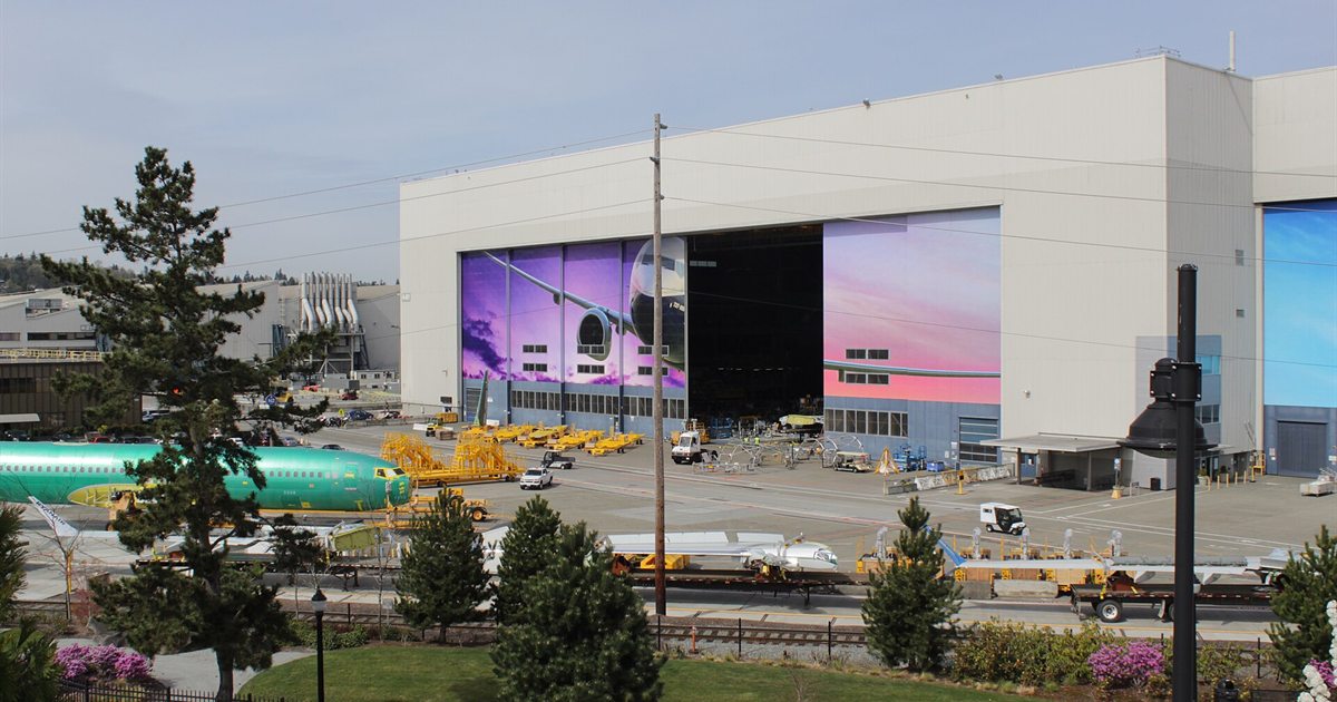 Boeing's Renton factory where 737 jets are built, seen from the south with aircraft parked outside