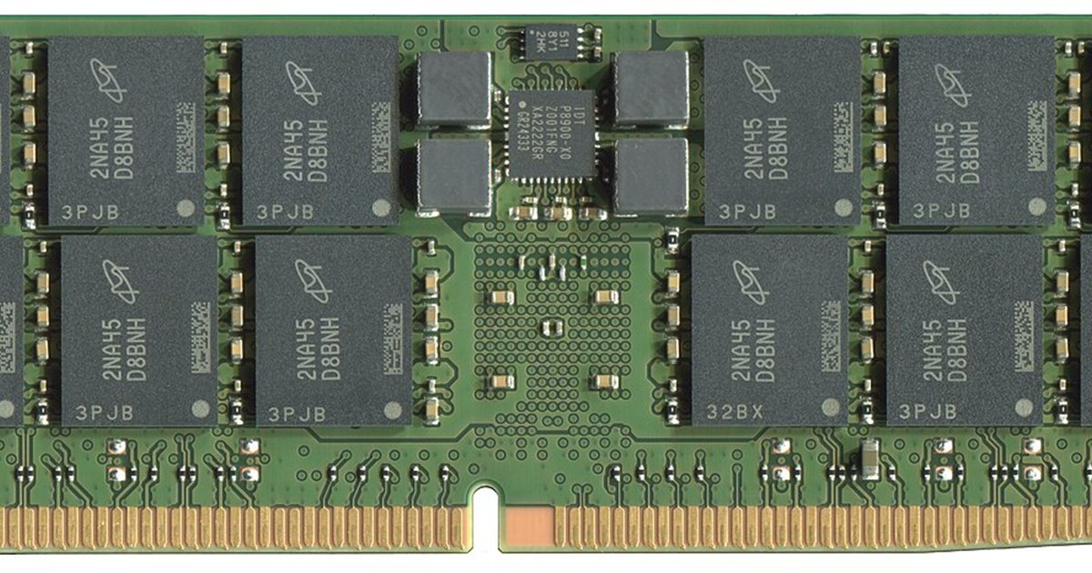 Close-up of Micron memory chips on a server memory module