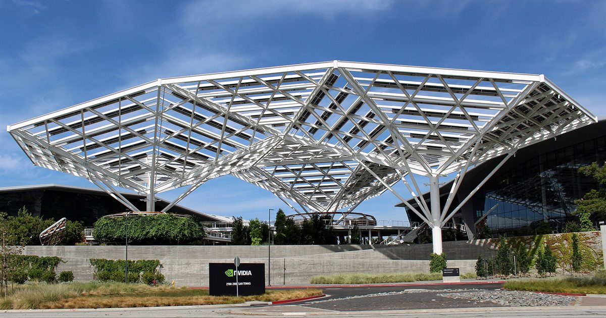 The white lattice roof of Nvidia's headquarters campus on San Tomas Expressway in Santa Clara, California