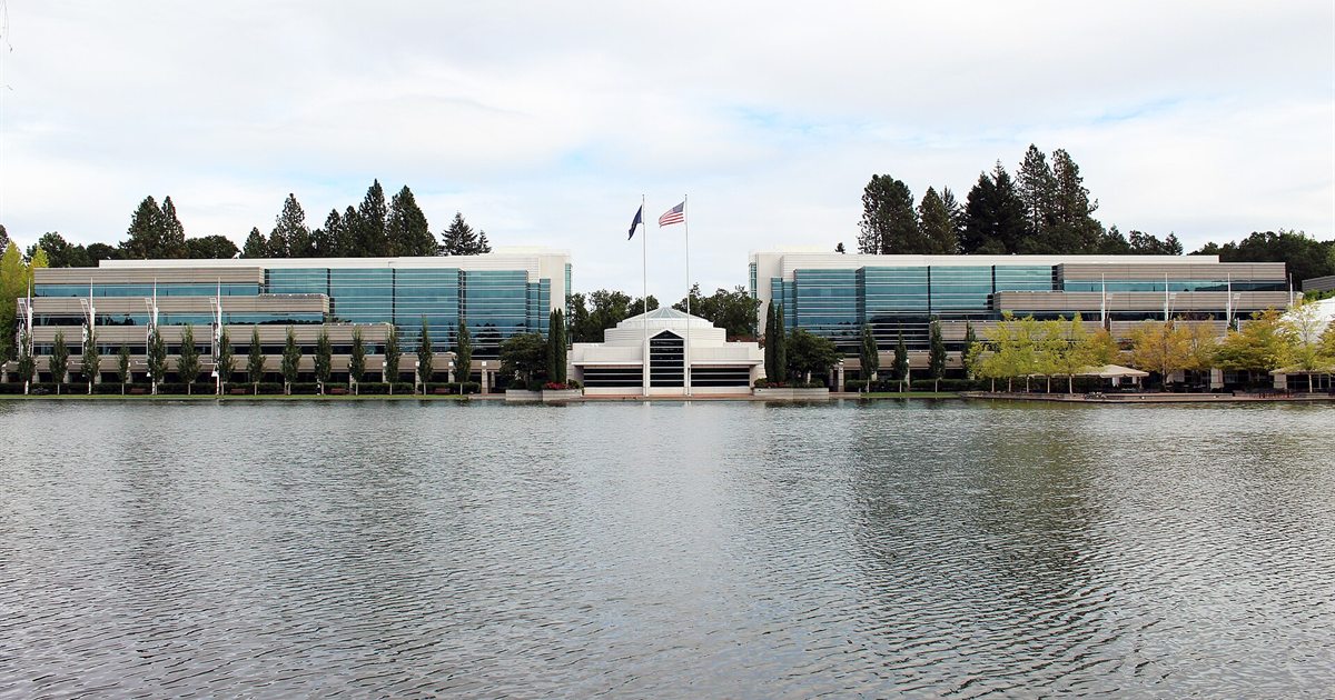 Nike world headquarters seen across a lake in Beaverton, Oregon